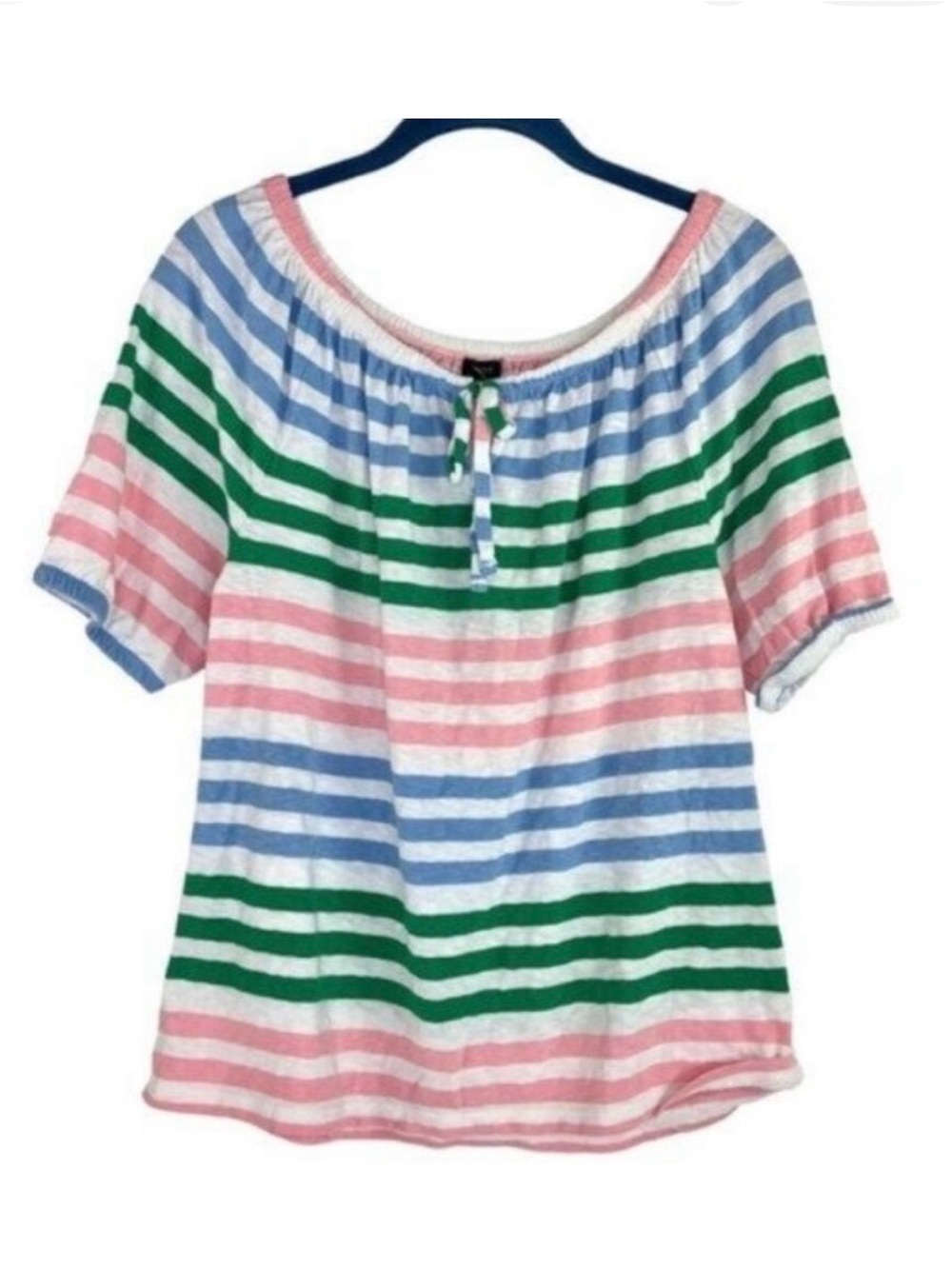 Talbots Striped Peasant Short Sleeve Top in Blue, Green & Pink XS - Picture 2 of 6